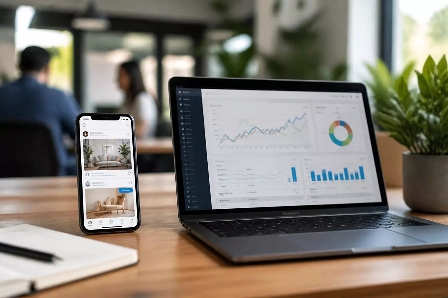 Smartphone y portátil con anuncios y gráficos de rendimiento de campañas