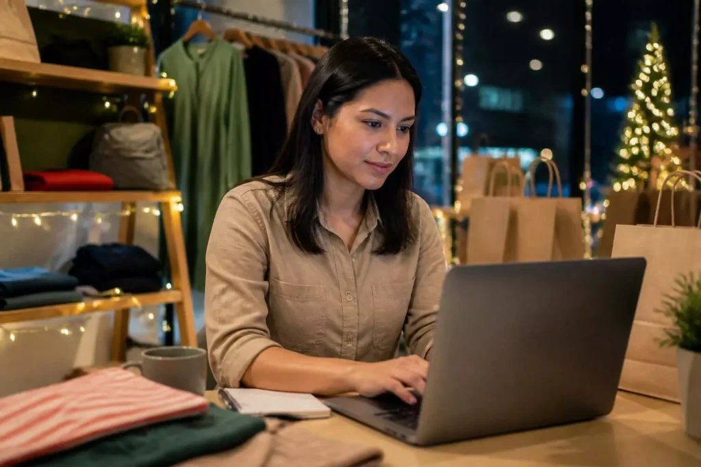 Emprendedora revisa su tienda online en un local decorado con luces navideñas antes de Black Friday