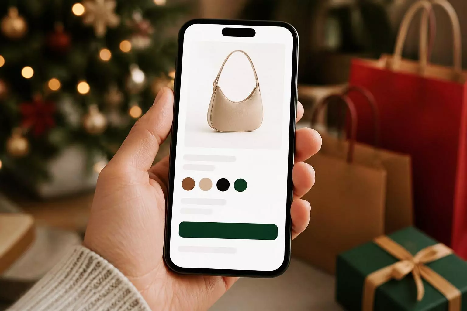 Mano sostiene un smartphone con una tienda online rápida preparada para compras navideñas