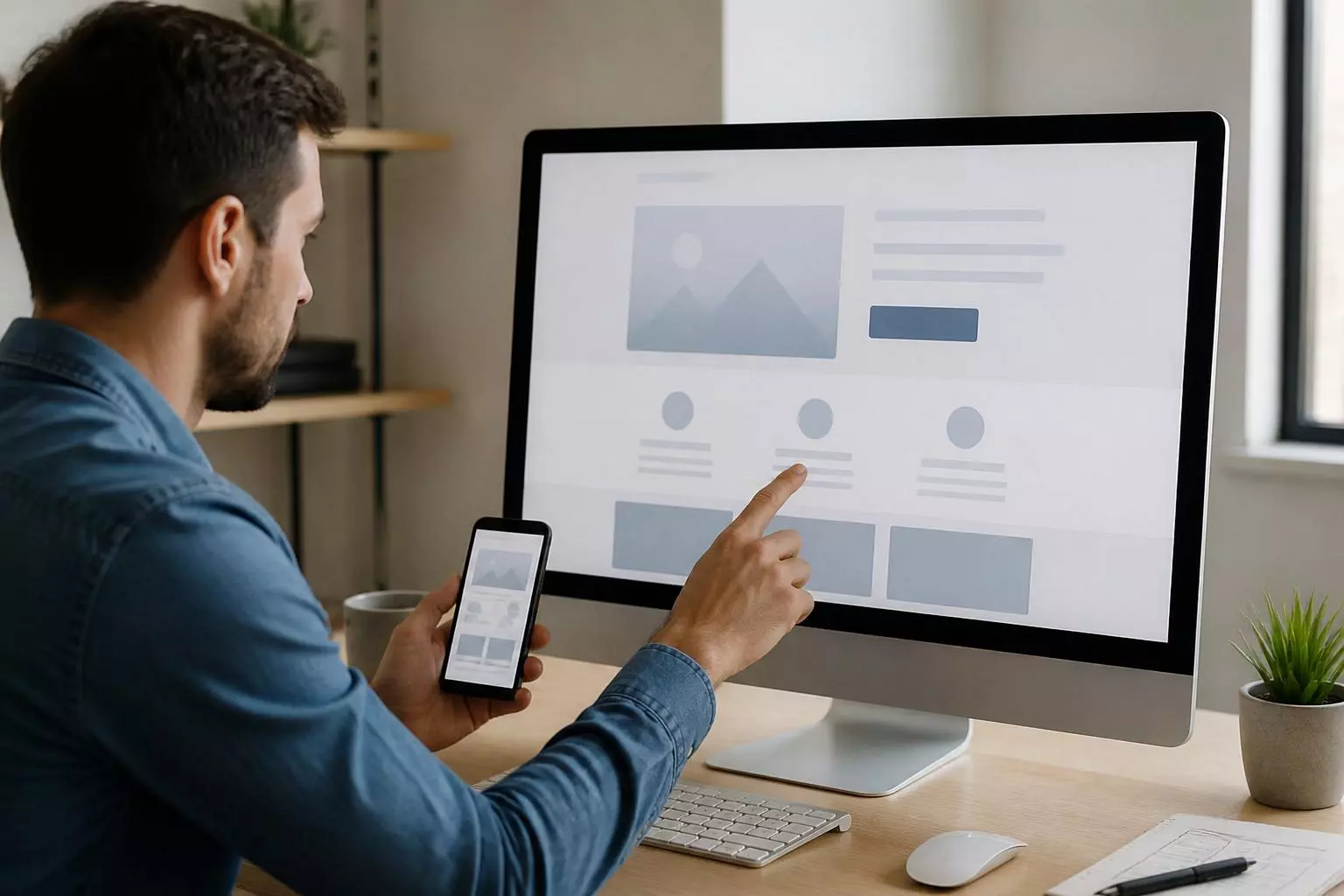 Diseñador ajusta una landing page en un monitor mientras la revisa en el móvil