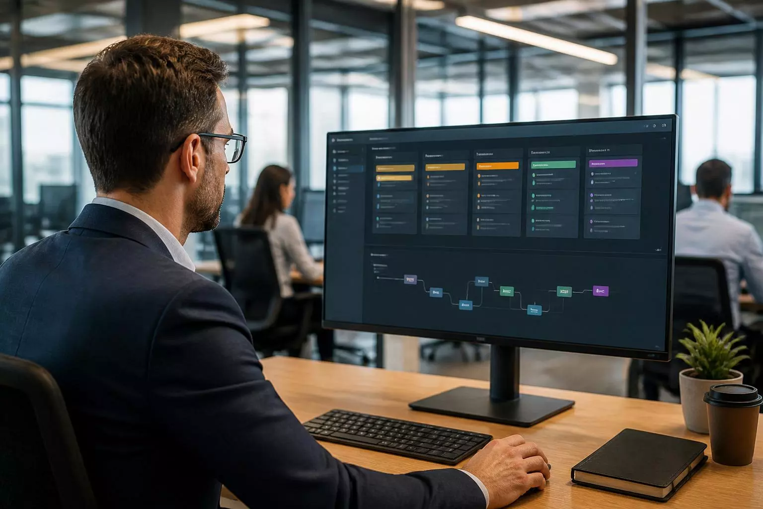 Gerente comercial revisa el pipeline de ventas de un CRM en un monitor