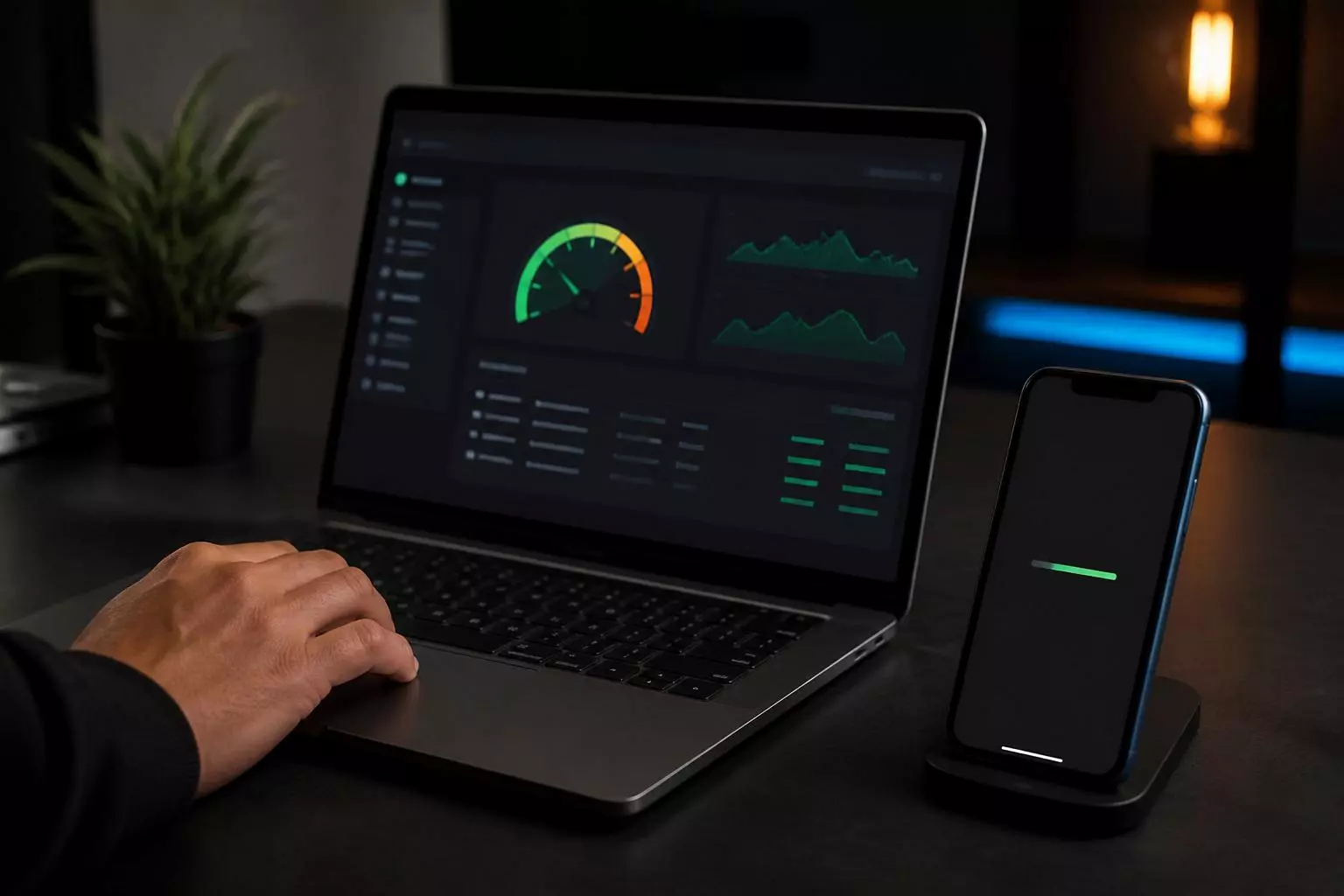 Portátil muestra un indicador de velocidad web junto a un móvil