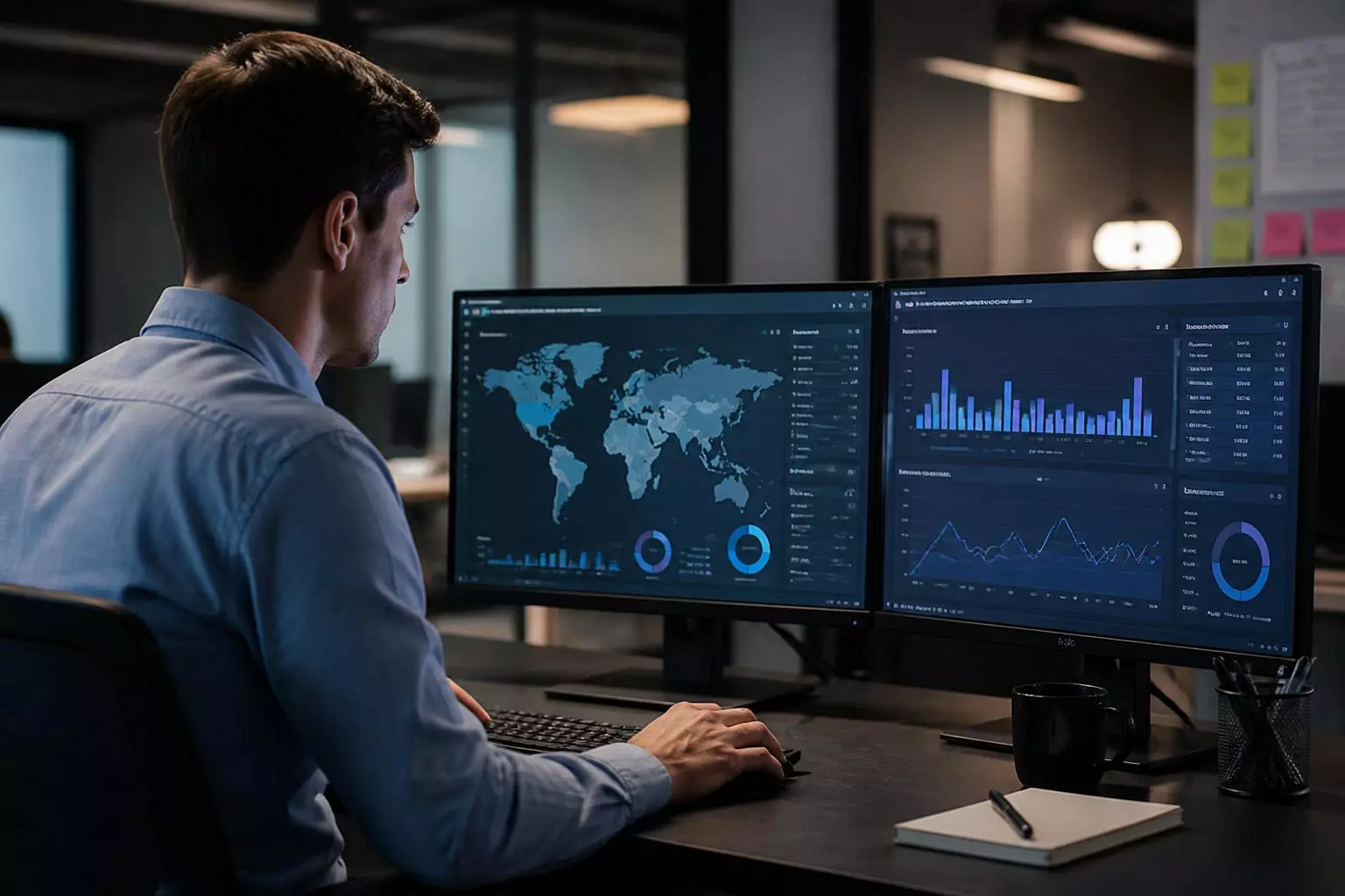 Especialista analiza campañas de publicidad digital en dos monitores con mapas y gráficos