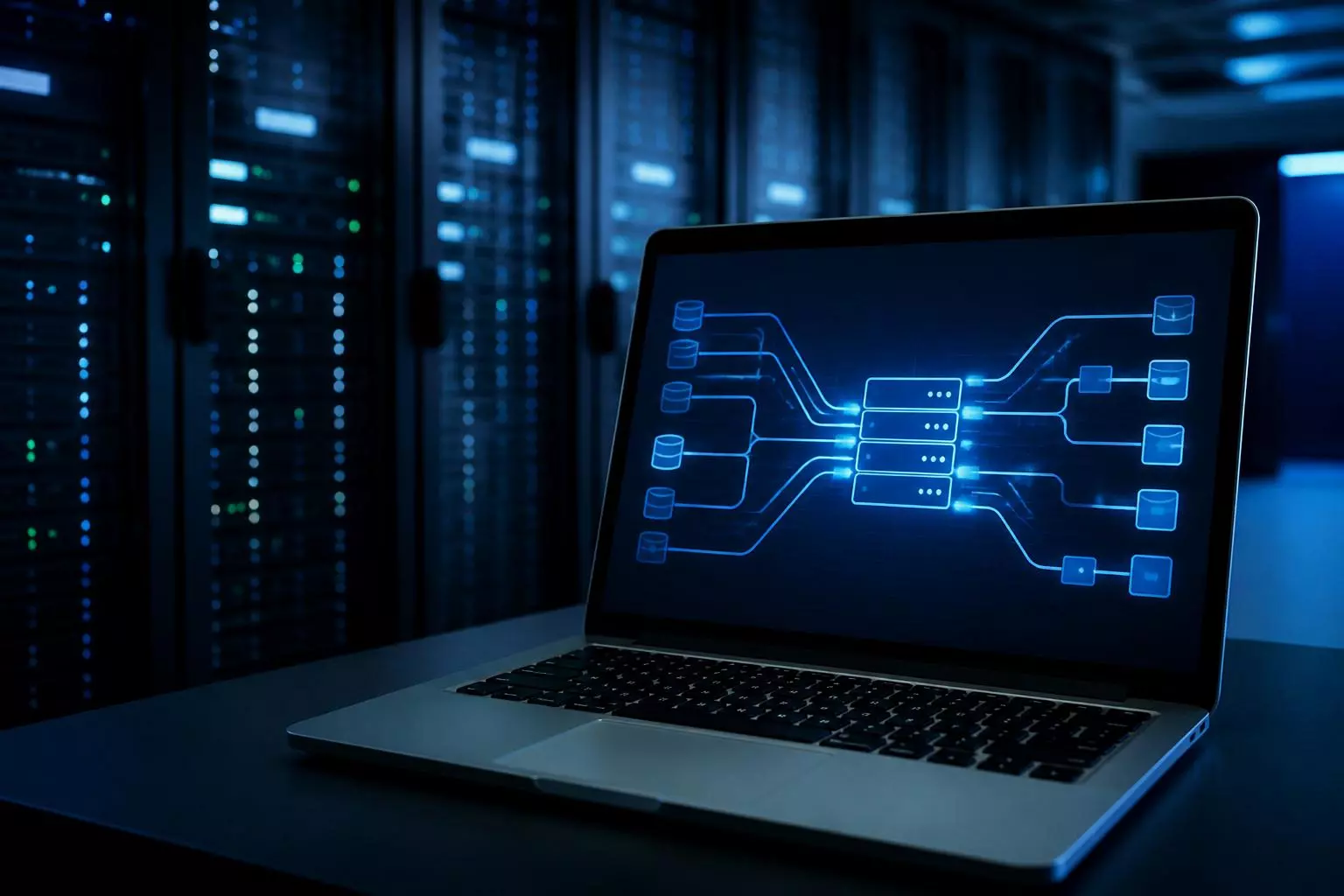 Portátil con diagrama de flujo de datos frente a una sala de servidores